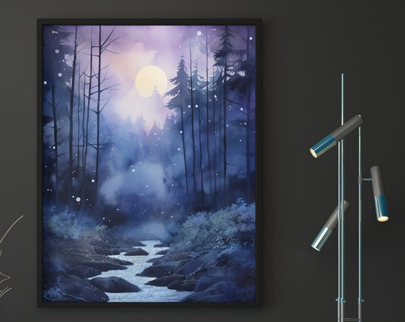 Night Forest Painting Wall Art Poster Gift Watercolor Colorful Painting Illustration Nature Minimalist Decor Living Room Art