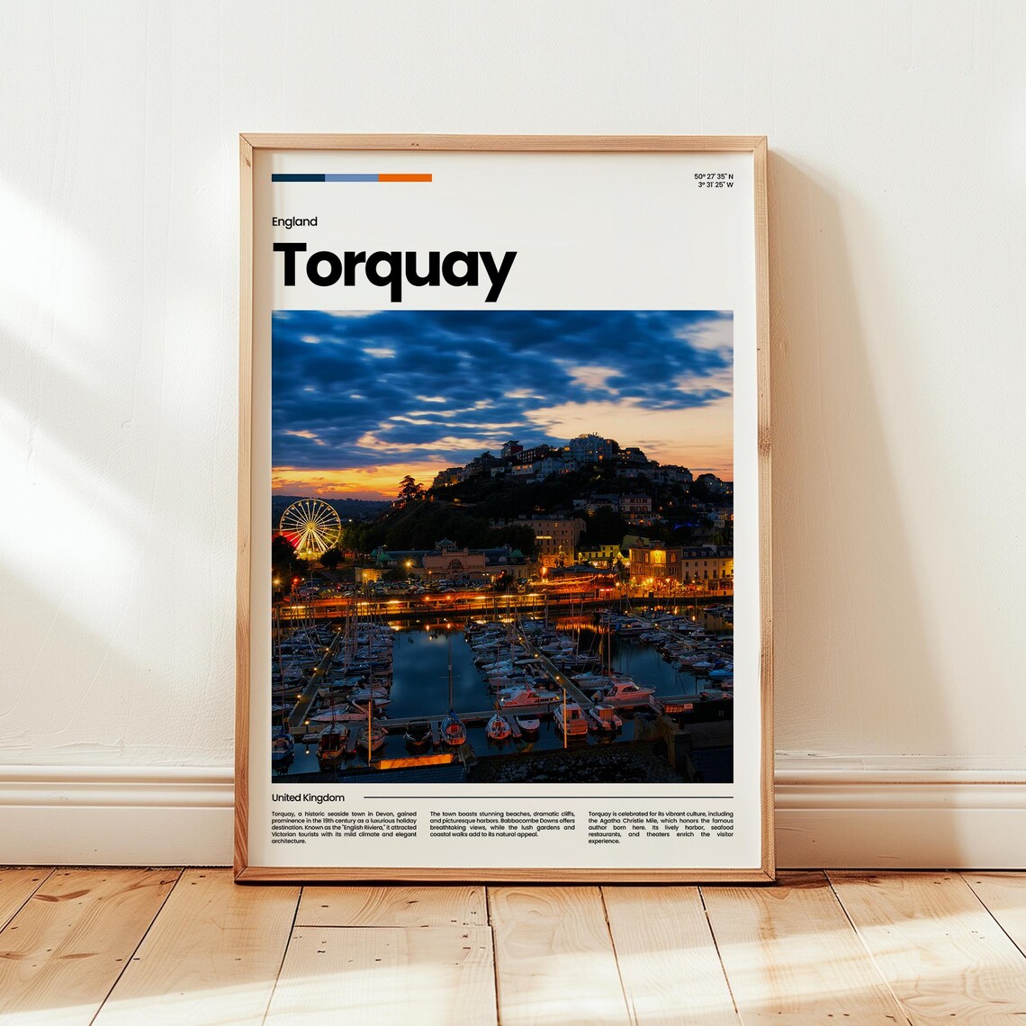 Torquay England Night Harbor Ferris Wheel Marina Lights Travel Poster