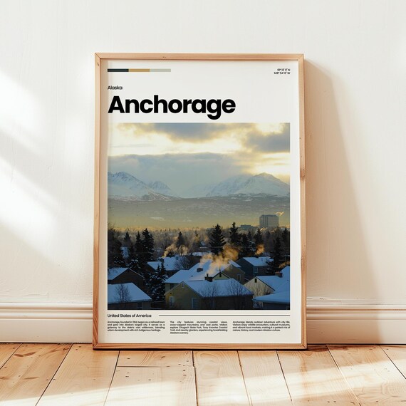 Anchorage Alaska Snowy Rooftops Mountain View Winter Travel Poster