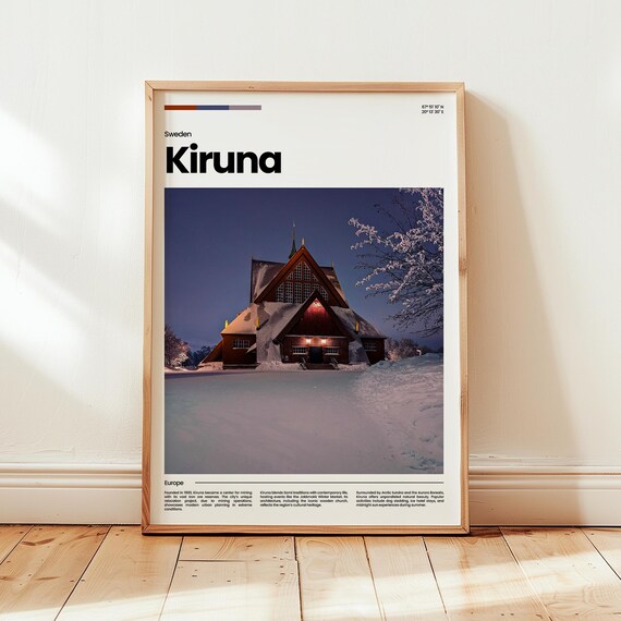 Kiruna Sweden Snowy Wooden Church Night Photo Arctic Travel Poster