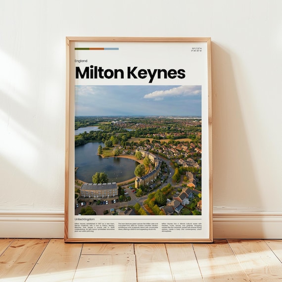 Milton Keynes England Travel Poster Aerial Lake View Modern Town Photo Art