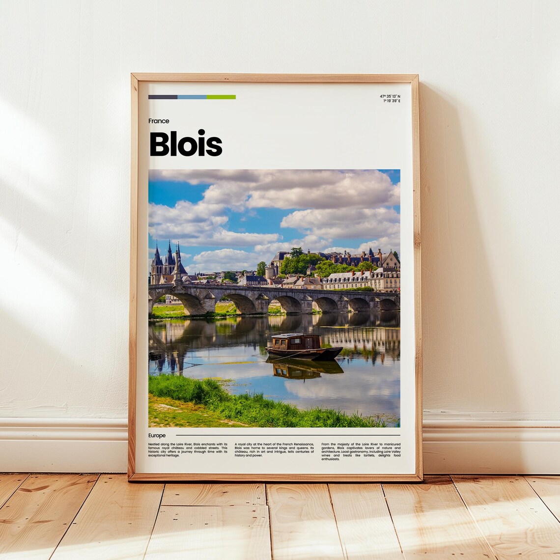 Blois France Loire River Bridge Photo Chateau Town Travel Poster