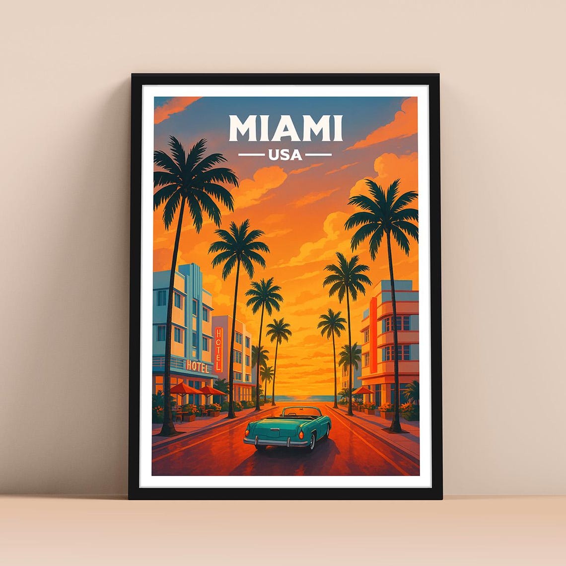 Miami Florida USA Retro Travel Poster with Palm Trees and Sunset