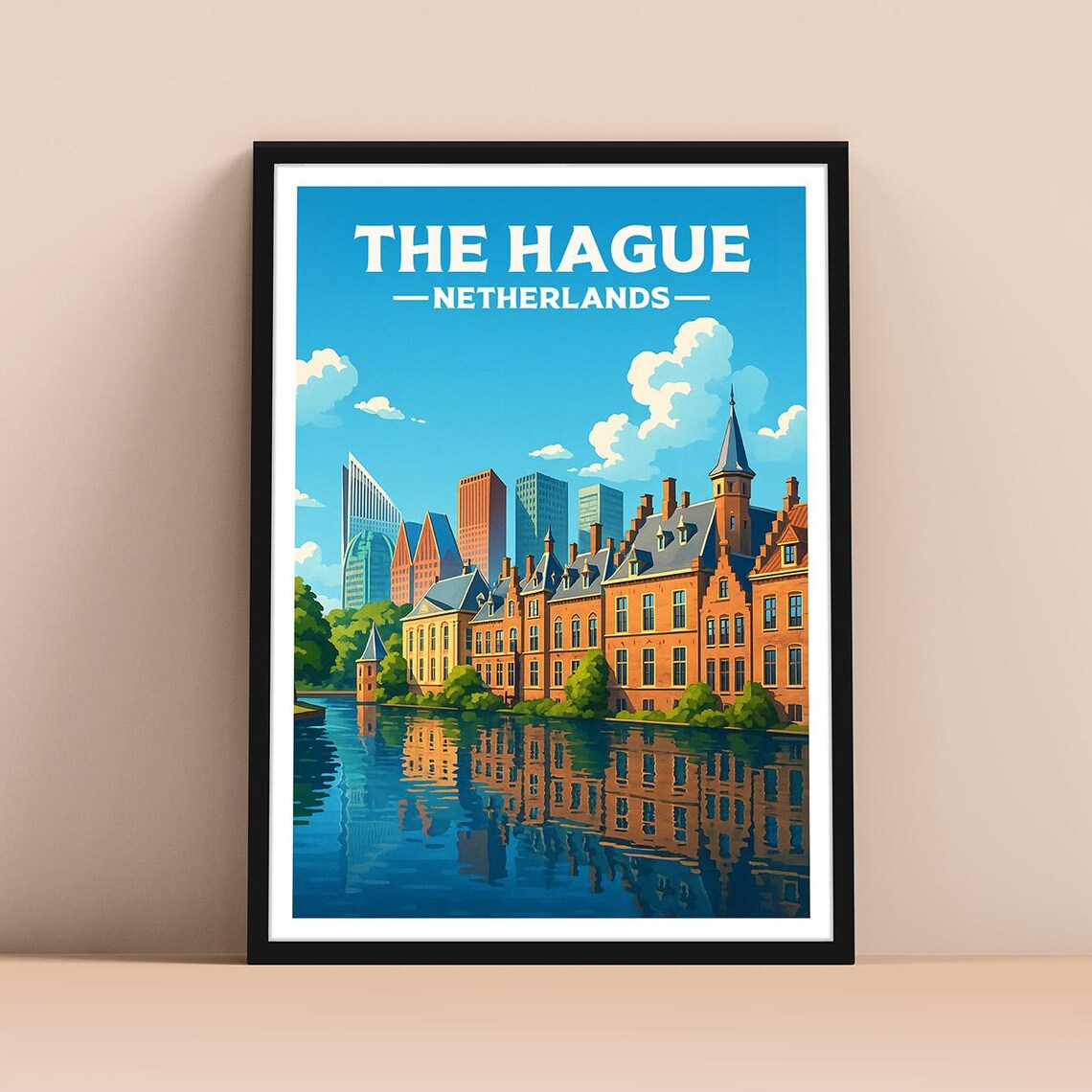 The Hague Netherlands Historic Buildings Water Vintage Travel Poster