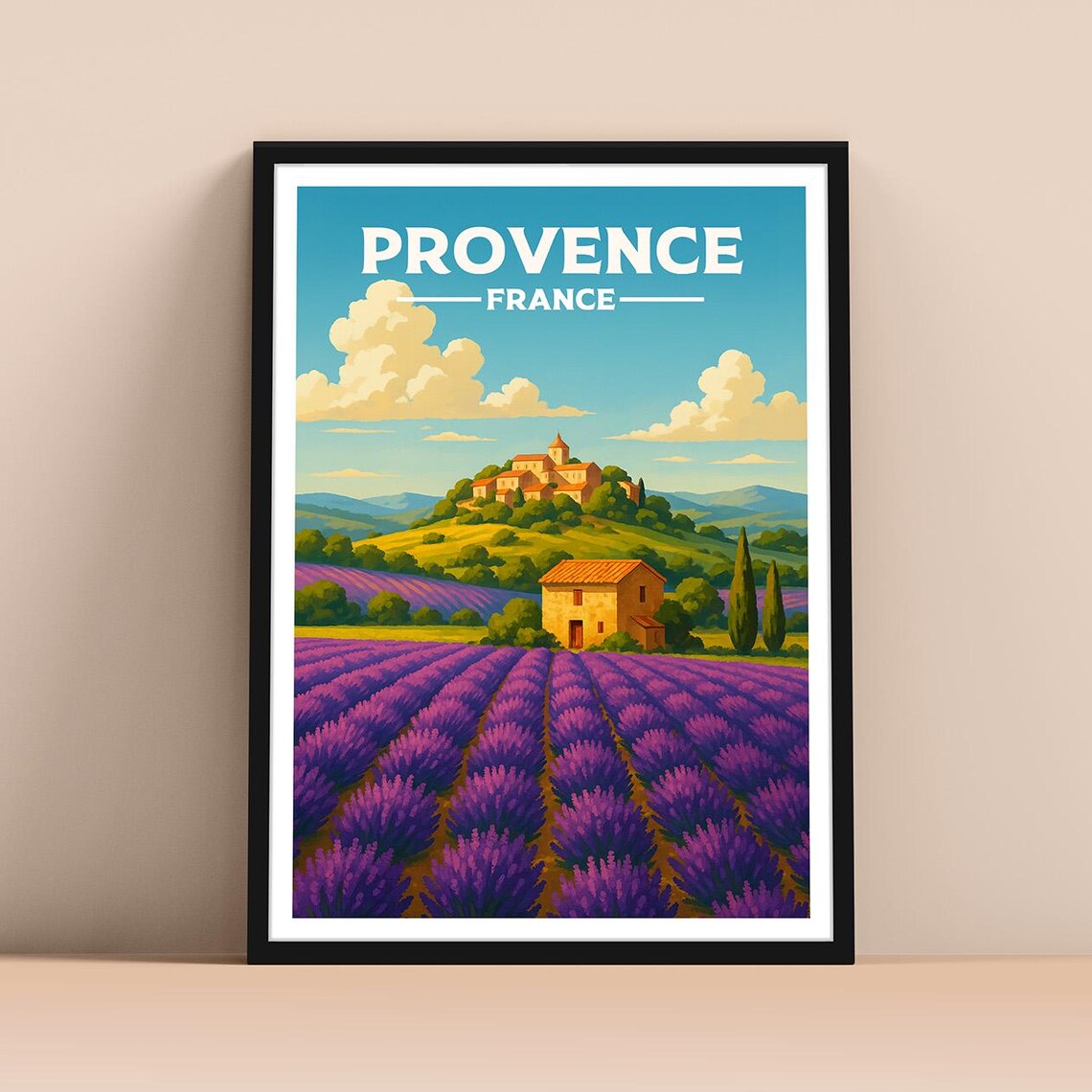 Provence France Travel Poster Lavender Fields and Hilltop Village Art