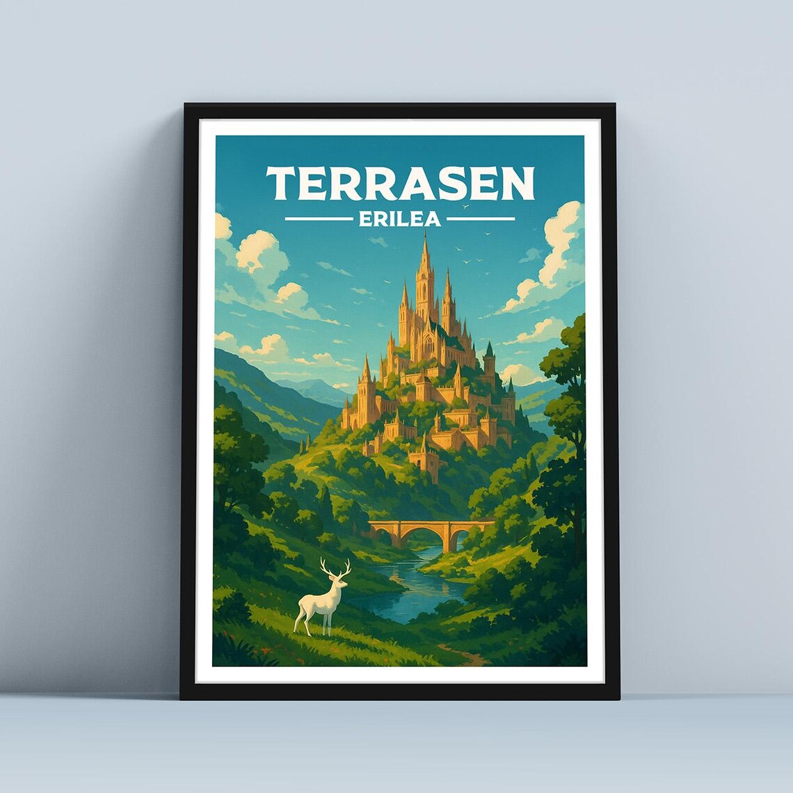 Terrasen Erilea Travel Poster Fantasy Castle and White Stag Vintage Art