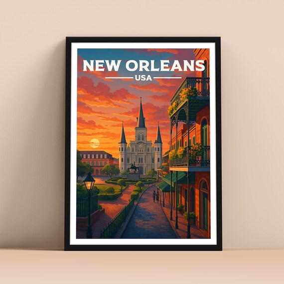 New Orleans Louisiana USA Travel Poster with French Quarter Sunset