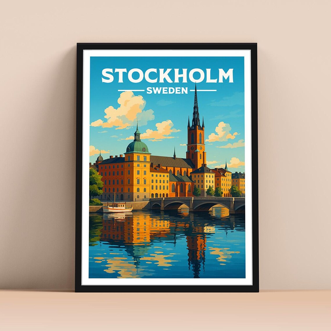 Stockholm Sweden Old Town Harbor Reflection Vintage Travel Poster