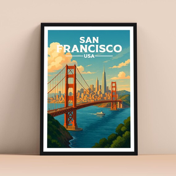 San Francisco USA Golden Gate Bridge Skyline Vintage Travel Poster