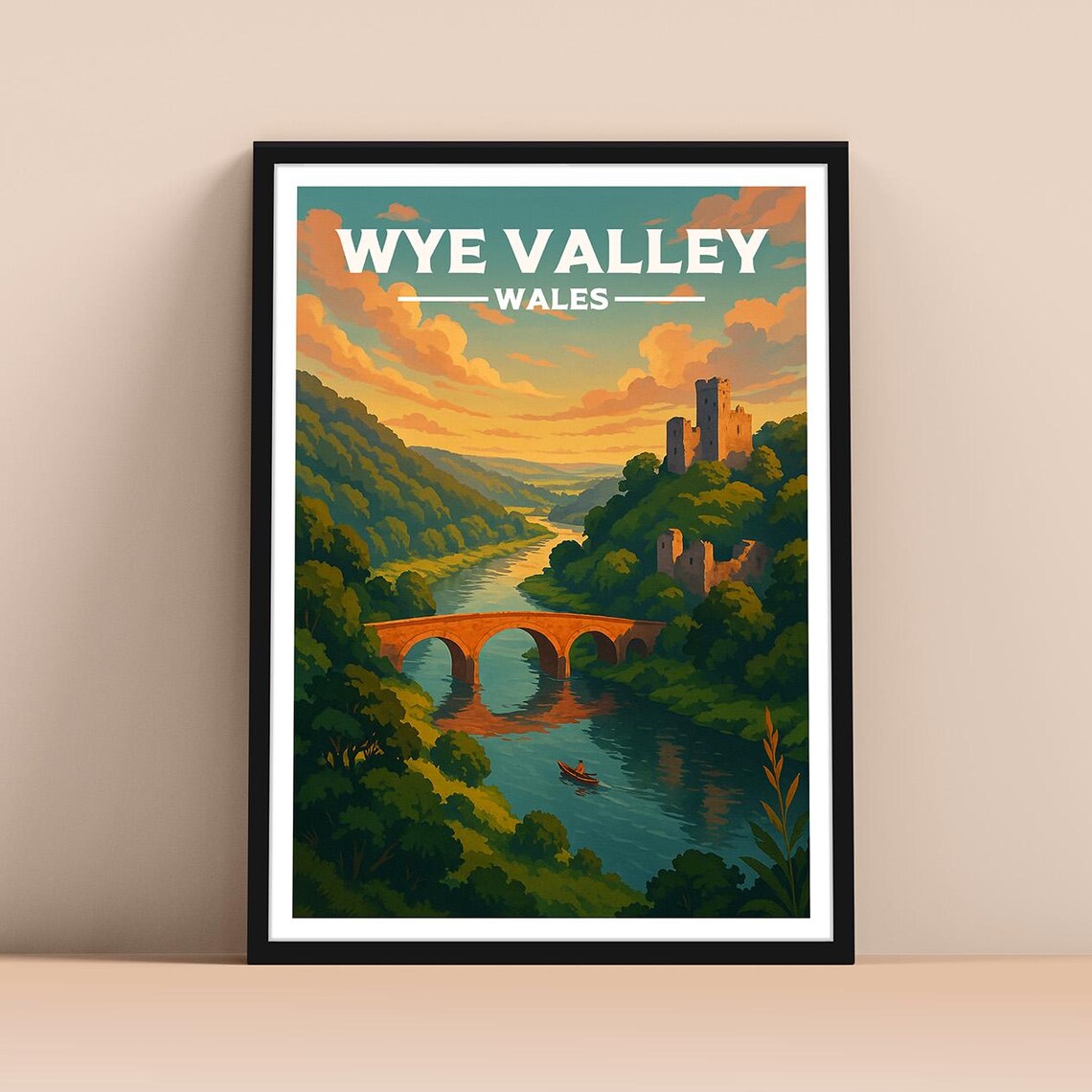 Wye Valley Wales River Bridge Castle Sunset Vintage Travel Poster