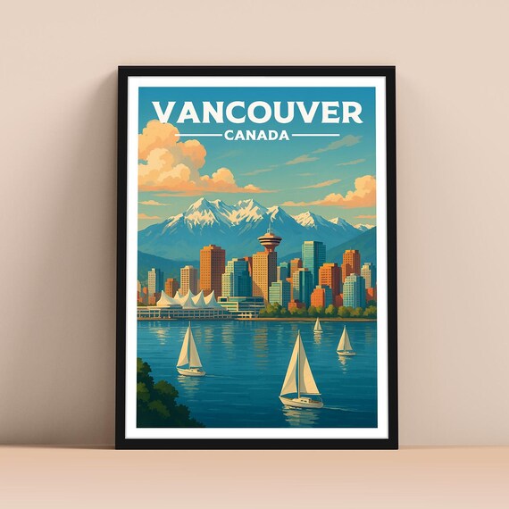Vancouver Canada Travel Poster Skyline Harbor Sailboats Mountain View