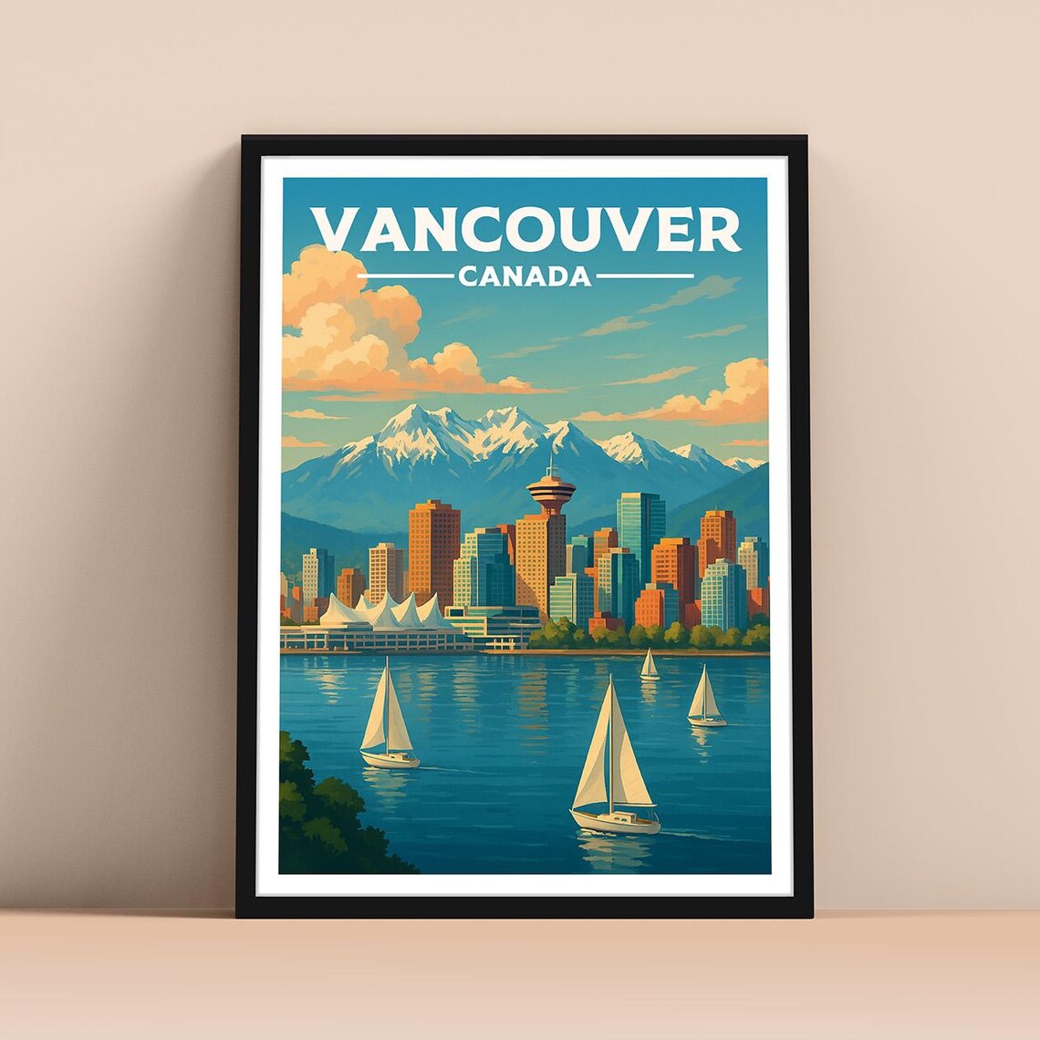 Vancouver Canada Travel Poster Skyline Harbor Sailboats Mountain View