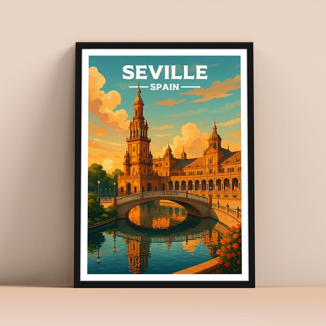 Seville Spain Travel Poster Plaza de Espana Sunset Bridge View Art