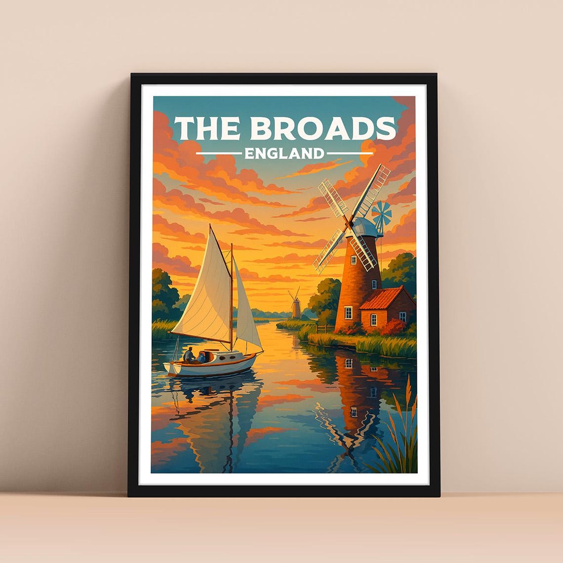 The Broads England Windmill Sailboat Sunset Vintage Travel Poster