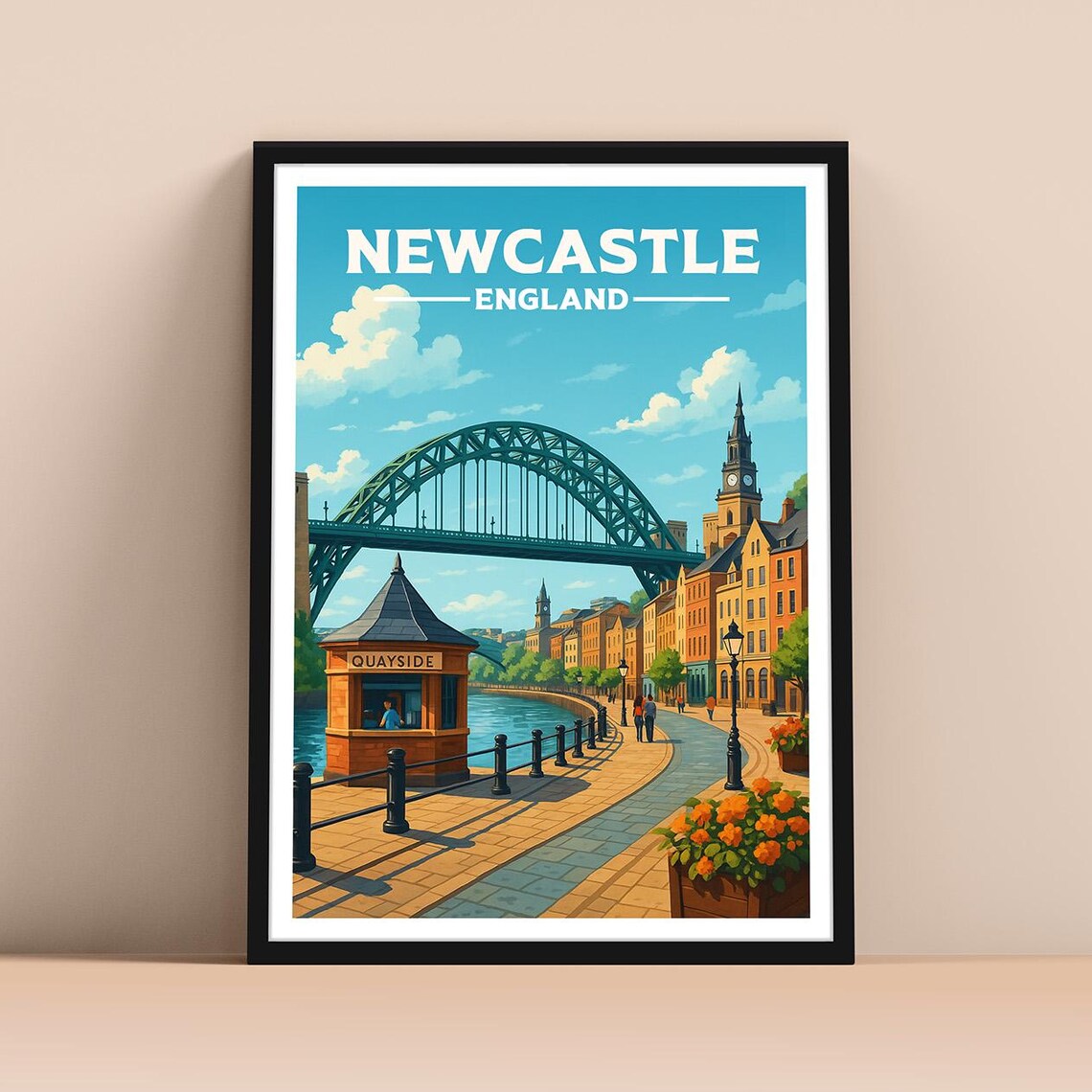 Newcastle England Travel Poster with Tyne Bridge and Quayside