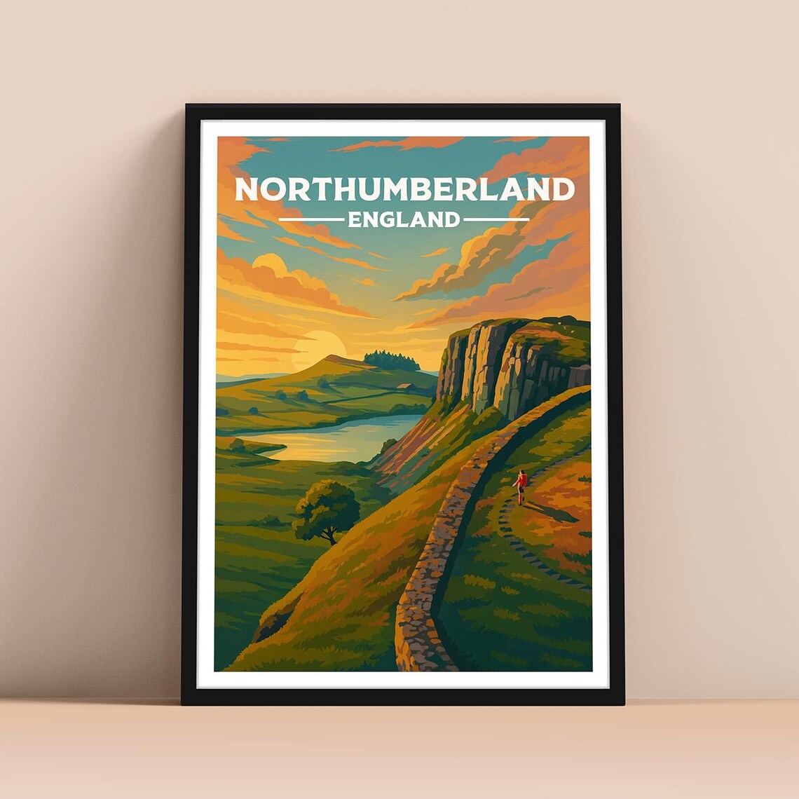 Northumberland England Travel Poster Hadrians Wall Sunset Hiking View Art