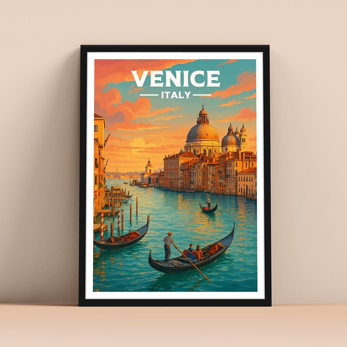 Venice Italy Grand Canal Gondolas Sunset Vintage Travel Poster
