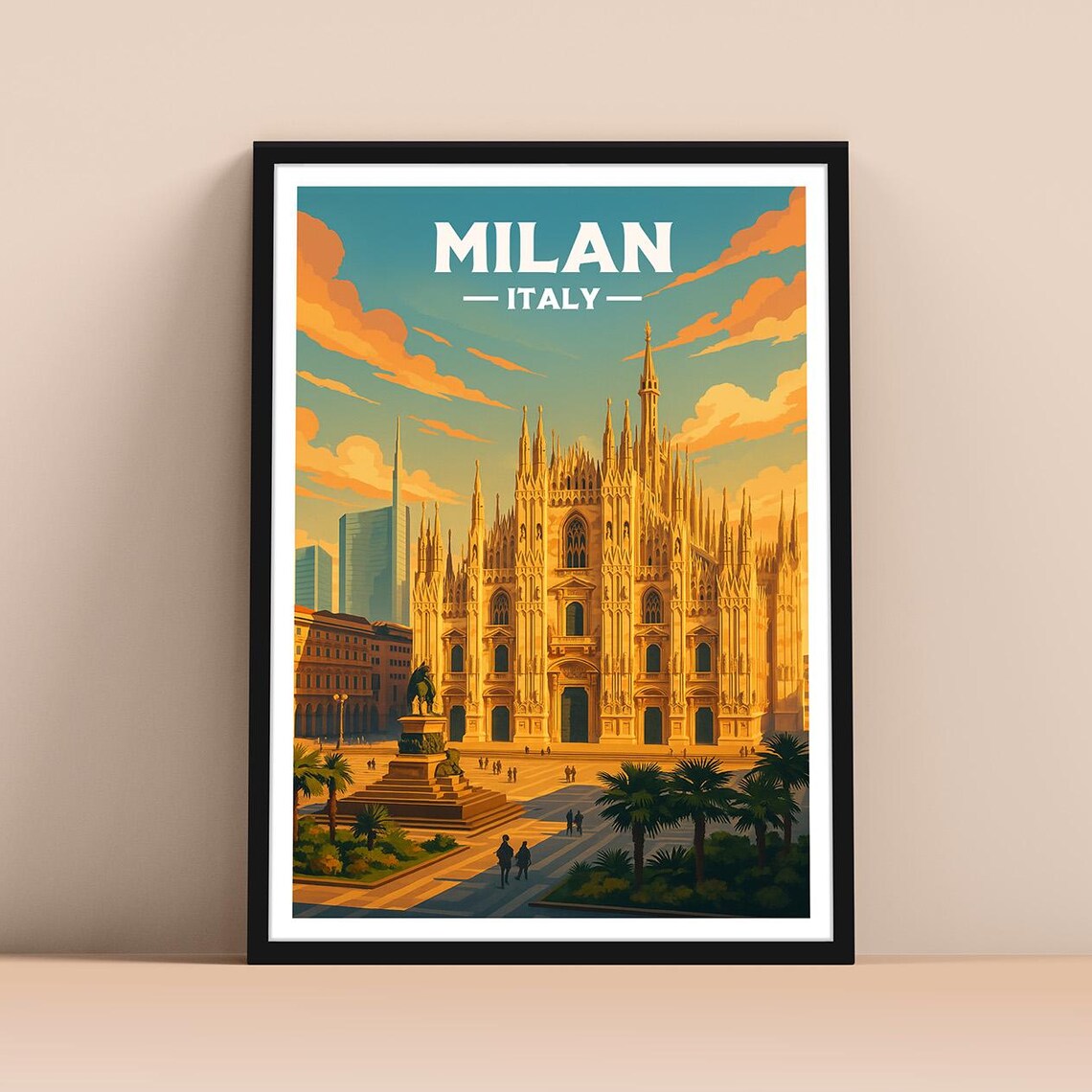 Milan Italy Duomo Cathedral Sunset Golden Vintage Travel Poster