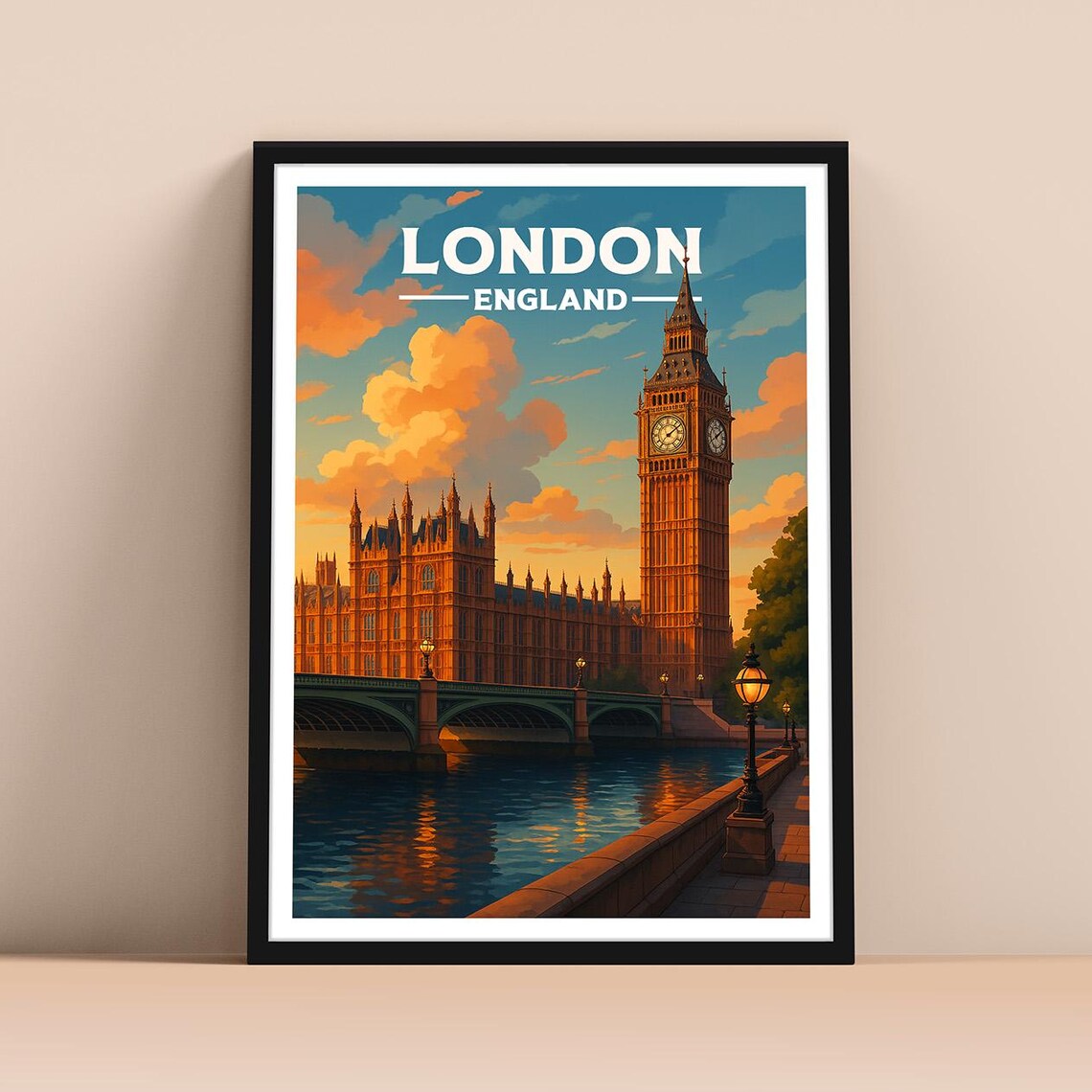 London England Big Ben Westminster Sunset Vintage Travel Poster