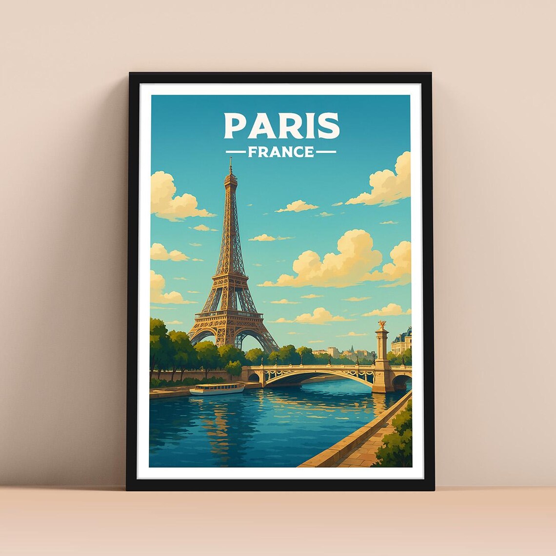 Paris France Eiffel Tower Seine River Classic Vintage Travel Poster