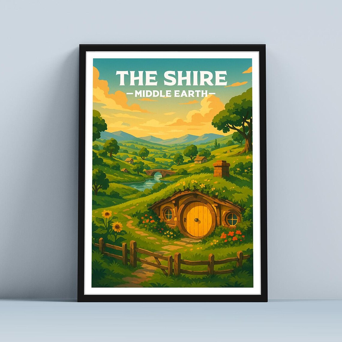 The Shire Middle Earth Travel Poster Hobbit Hole Sunset Vintage Art