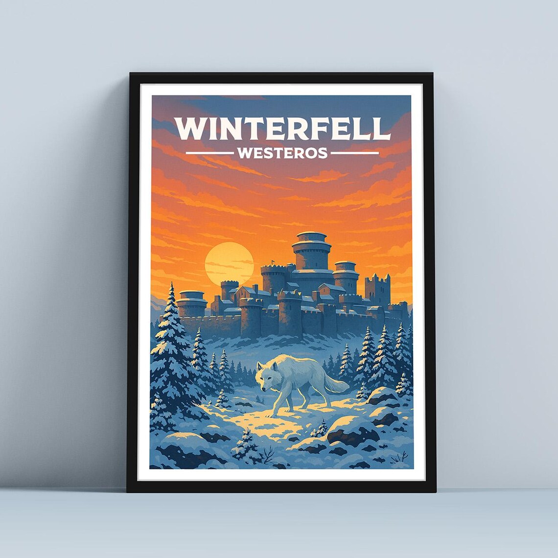 Winterfell Westeros Snowy Castle Direwolf Fantasy Travel Style Poster