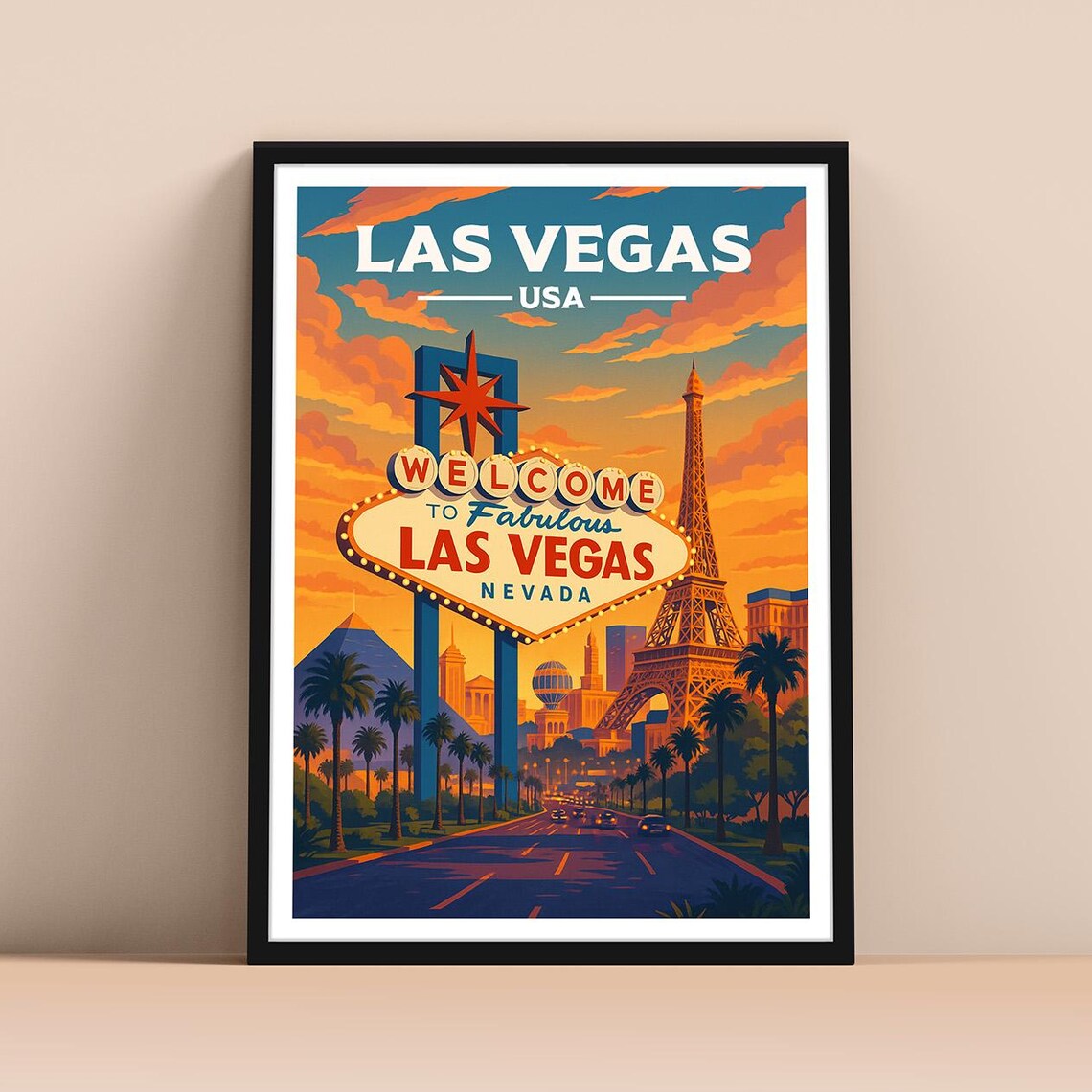 Las Vegas Nevada Welcome Sign Sunset Skyline Vintage Travel Poster