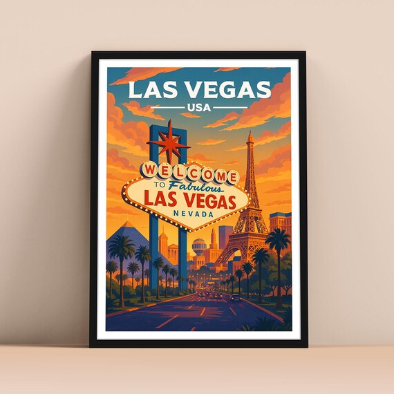 Las Vegas Nevada Welcome Sign Sunset Skyline Vintage Travel Poster
