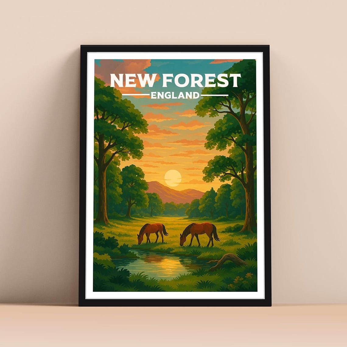 New Forest England Grazing Horses Sunset Meadow Travel Poster