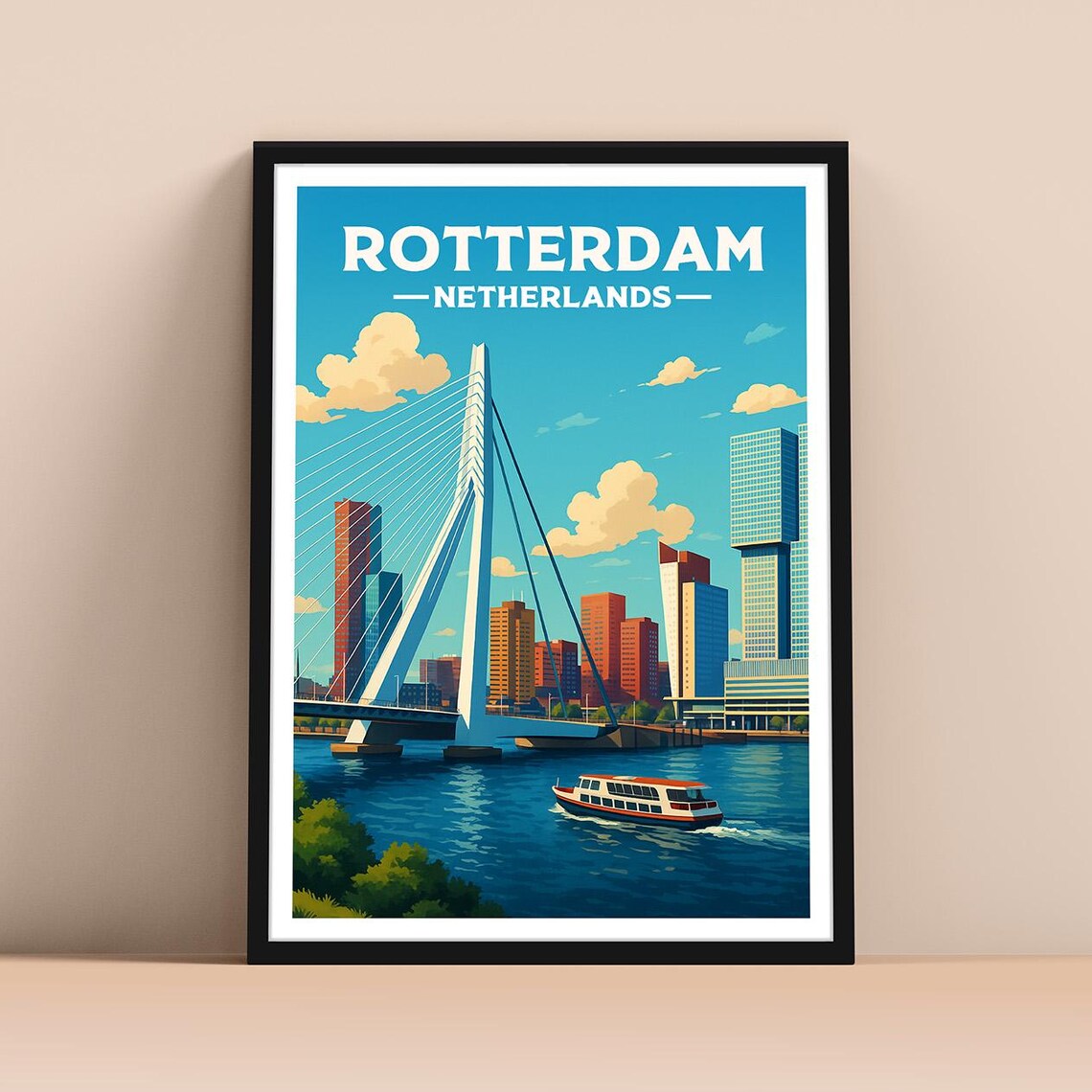 Rotterdam Netherlands Erasmus Bridge Skyline Vintage Travel Poster