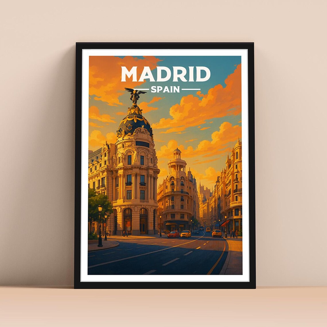 Madrid Spain Metropolis Building Gran Via Golden Hour Travel Poster