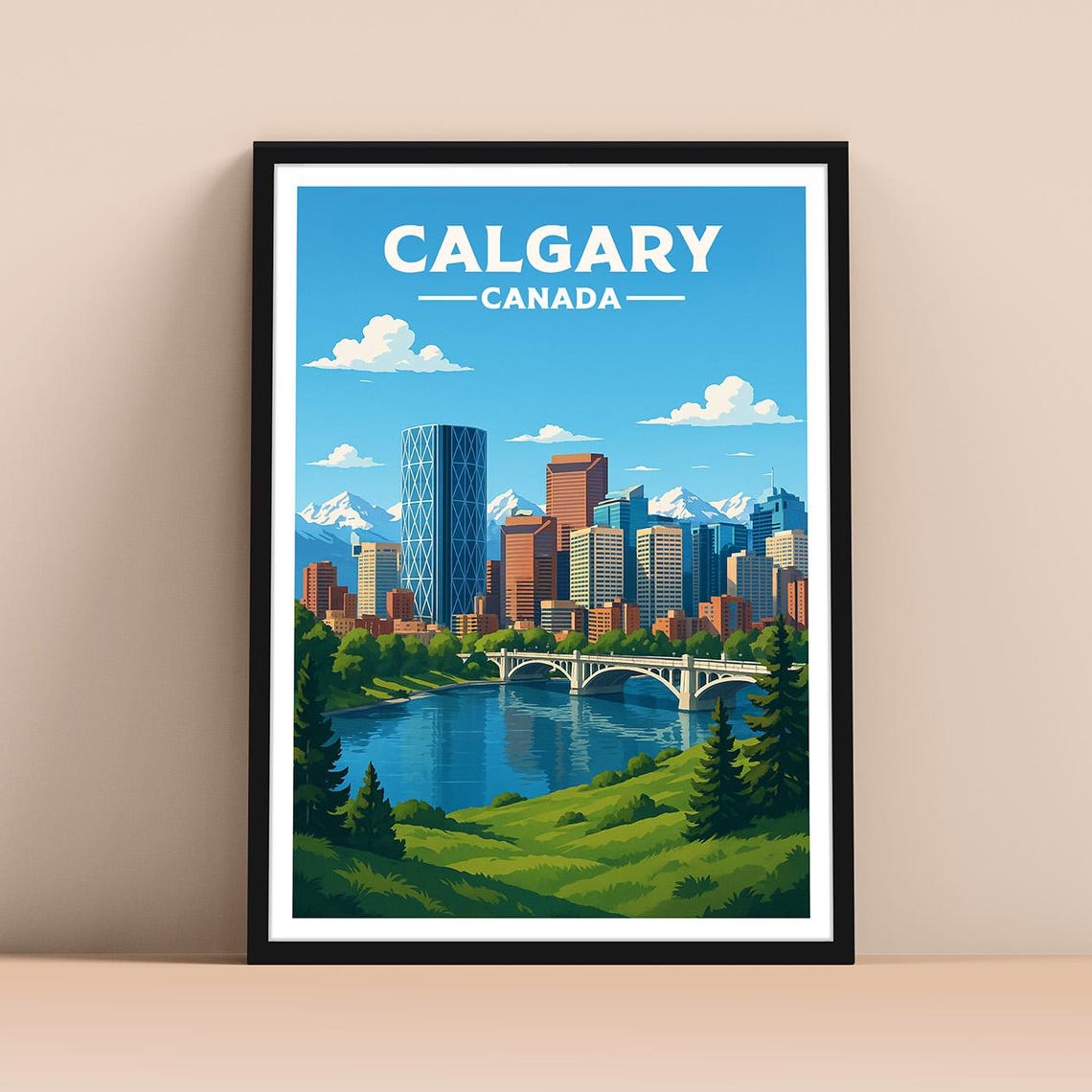 Calgary Canada Skyline Bow River Rocky Mountains Vintage Travel Poster
