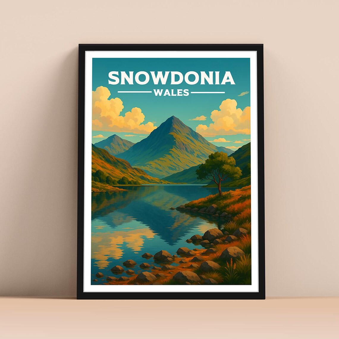 Snowdonia Wales Mountain Lake Reflection Vintage Travel Style Decor Poster