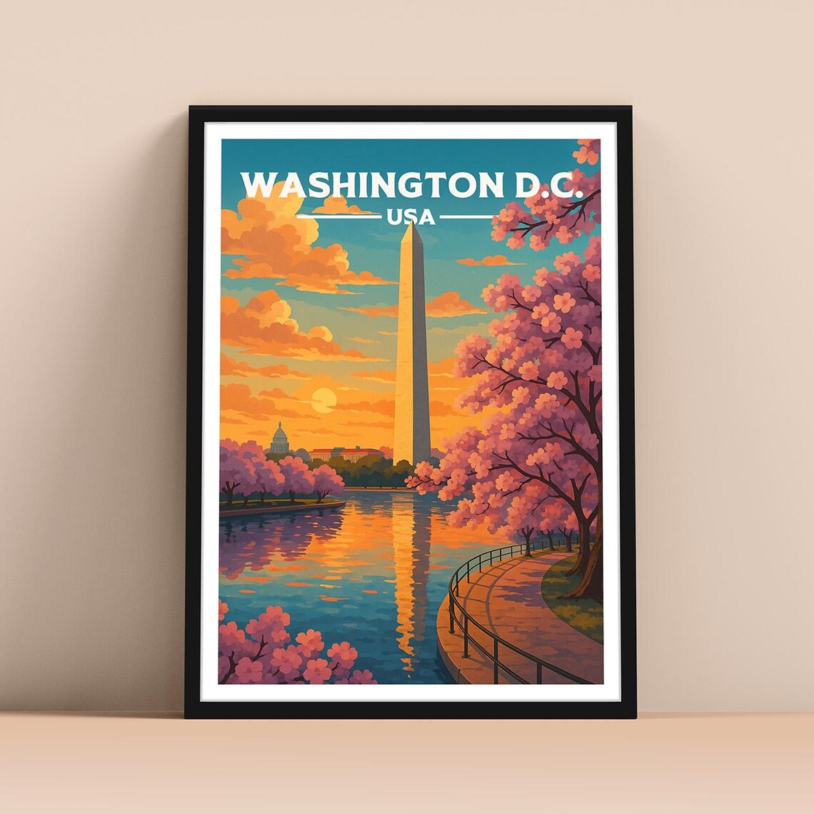 Washington DC Travel Poster Monument Cherry Blossoms Sunset USA Capital