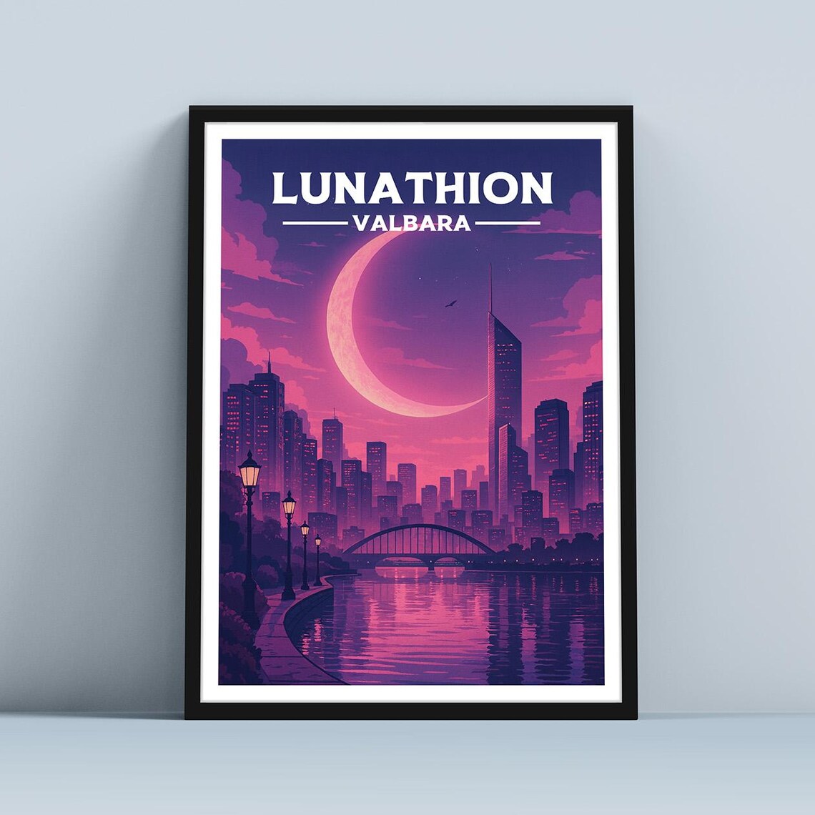 Lunathion Valbara Crescent Moon City Night Fantasy Art Poster