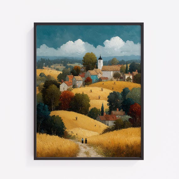 Autumn Village Landscape Art Rustic Countryside Print