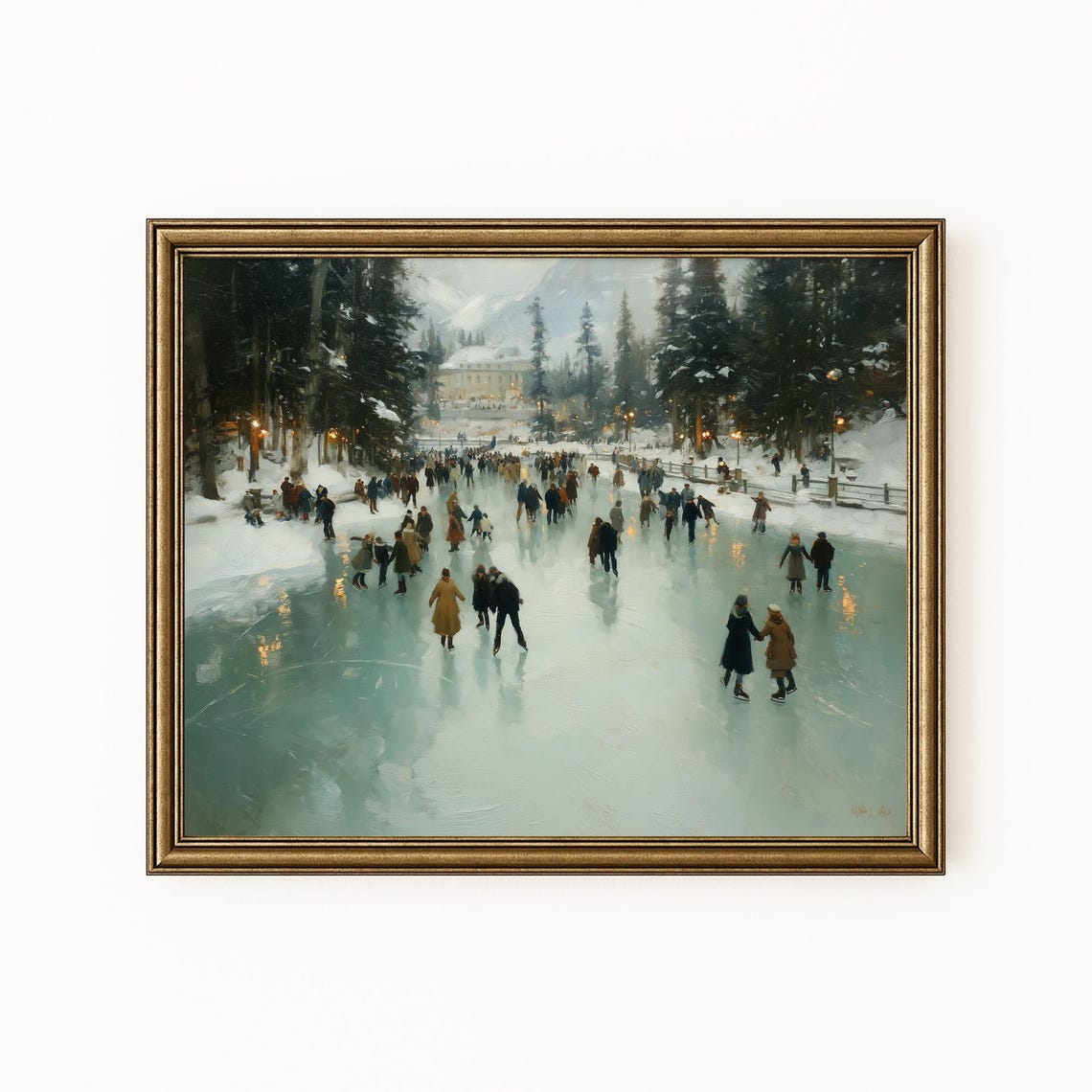 Vintage Ice Skating Pond Winter Crowd Snowy Forest Classic Art Print