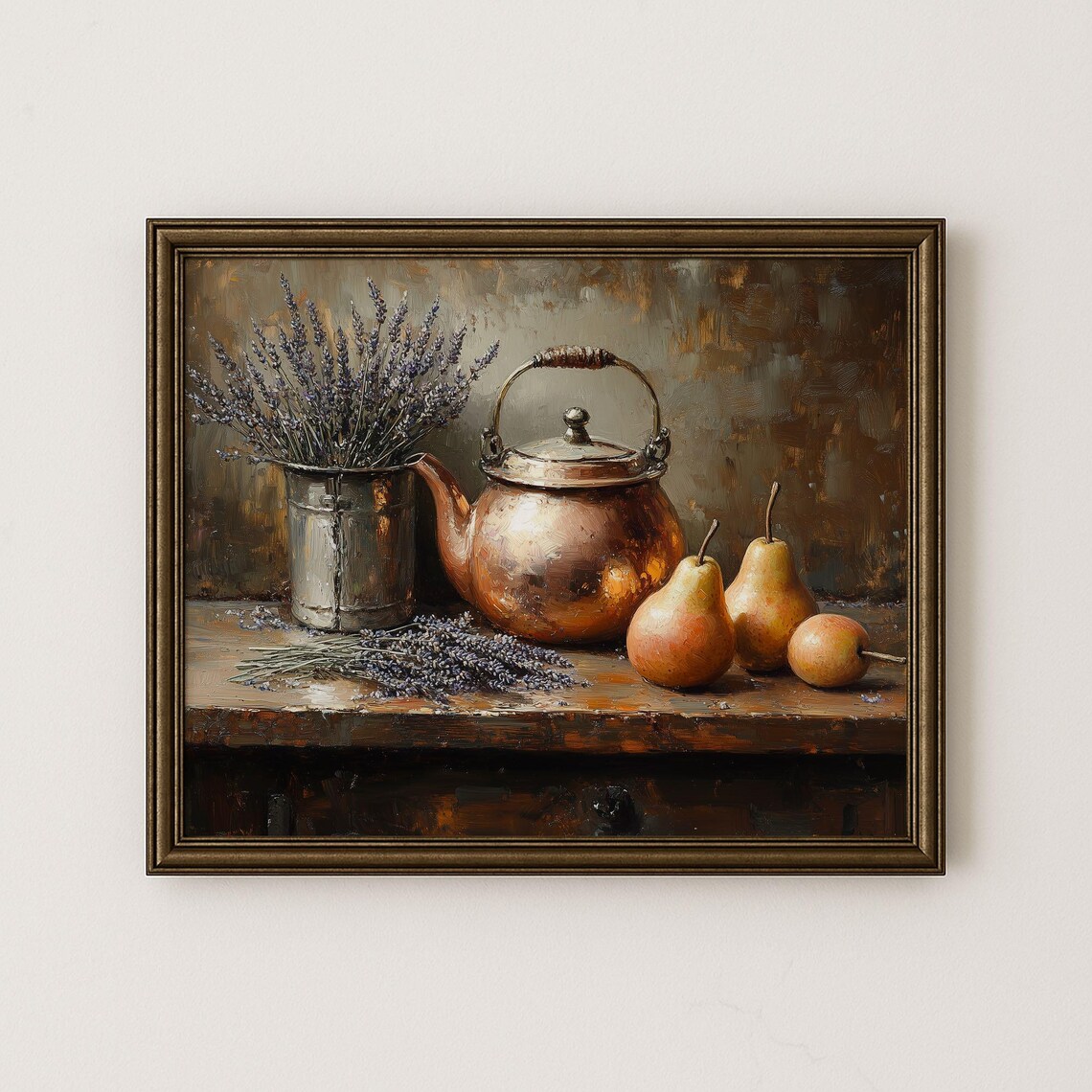Copper Kettle Still Life Oil Painting Lavender and Pears Rustic Art Poster