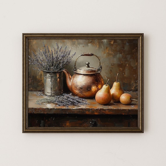 Copper Kettle Still Life Oil Painting Lavender and Pears Rustic Art Poster