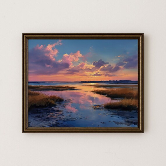 Coastal Twilight Salt Marsh Painting With Pink Cloud Reflections Poster