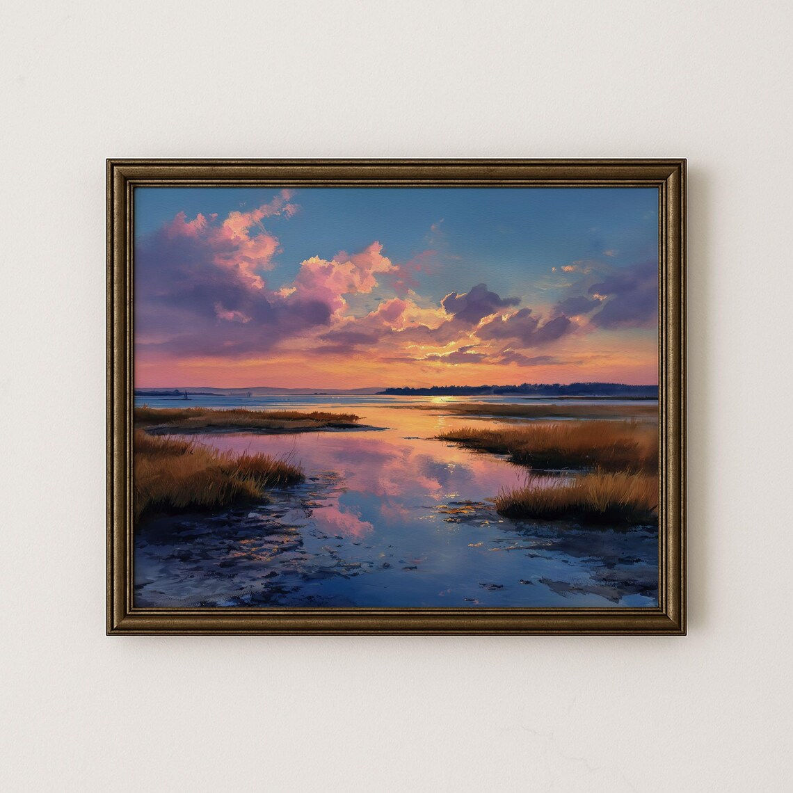 Coastal Twilight Salt Marsh Painting With Pink Cloud Reflections Poster