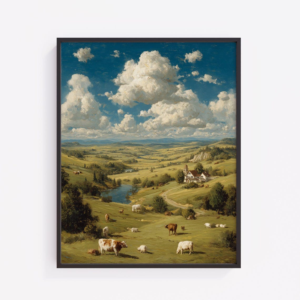 Pastoral Valley with Cows Church and River Summer Landscape Poster