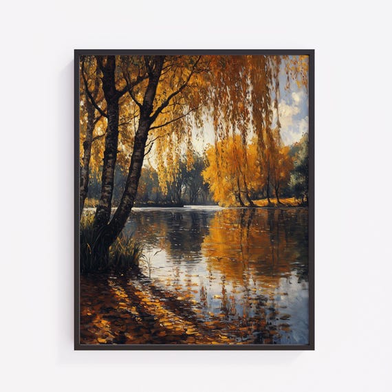 Autumn Pond Landscape Art Vintage Golden Willow Print V58