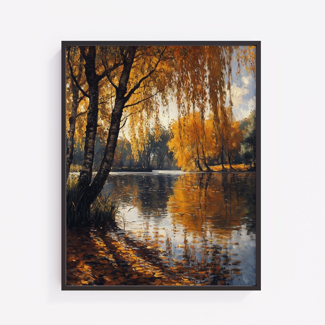 Golden Birch Trees Autumn Lake Shore Fallen Leaves Painting Poster