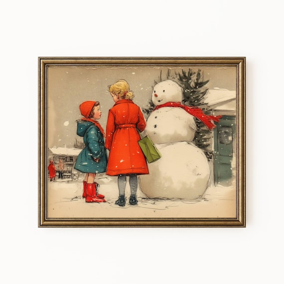 Vintage Christmas Children Gazing at Snowman Red Scarf Art Poster