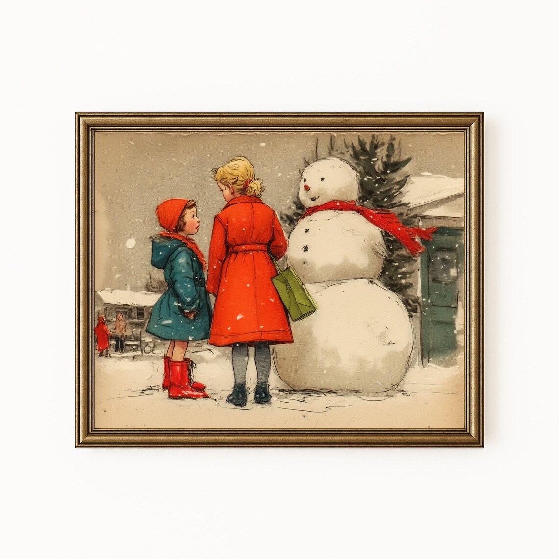 Vintage Christmas Children Gazing at Snowman Red Scarf Art Poster