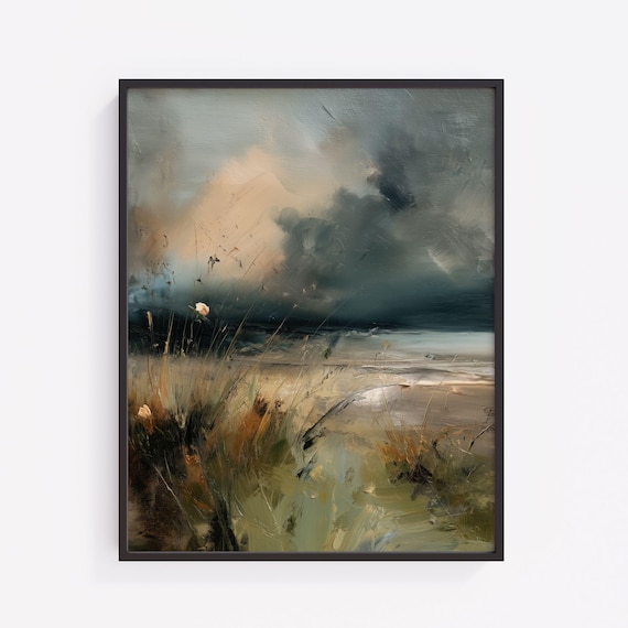 Moody Coastal Landscape Art Stormy Sky Over Secluded Shoreline Abstract Impressionist Dune Grasses Wall Decor 551