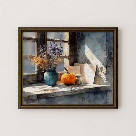 Autumn Windowsill Watercolor Painting Rustic Farmhouse Pumpkin Art 237