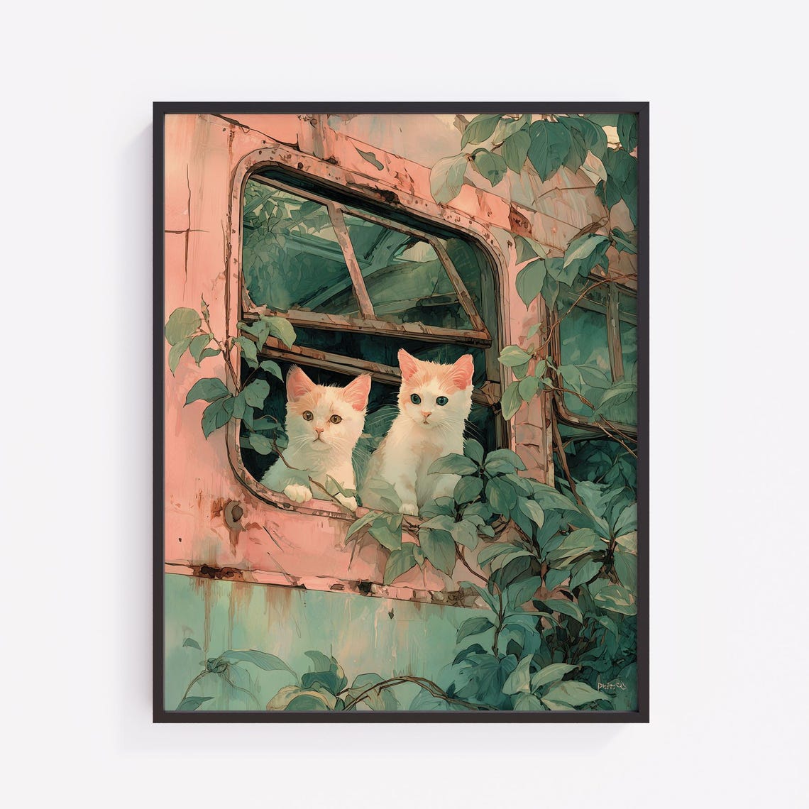White Kittens Rusty Bus Window Overgrown Ivy Watercolor Poster