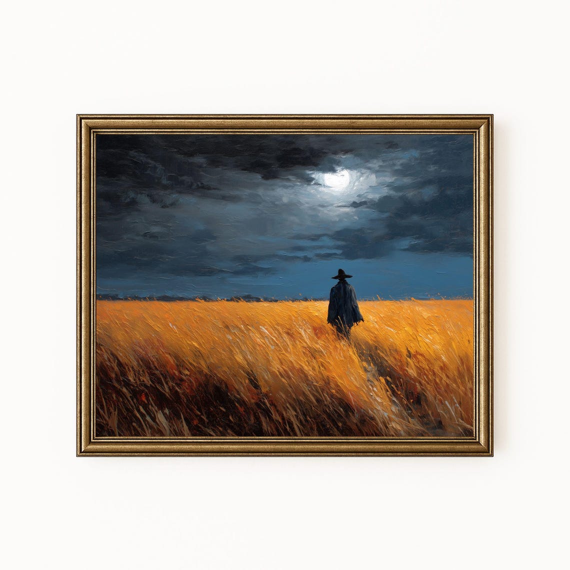 Moonlit Cornfield Scarecrow Art Print Vintage Autumn Landscape H316